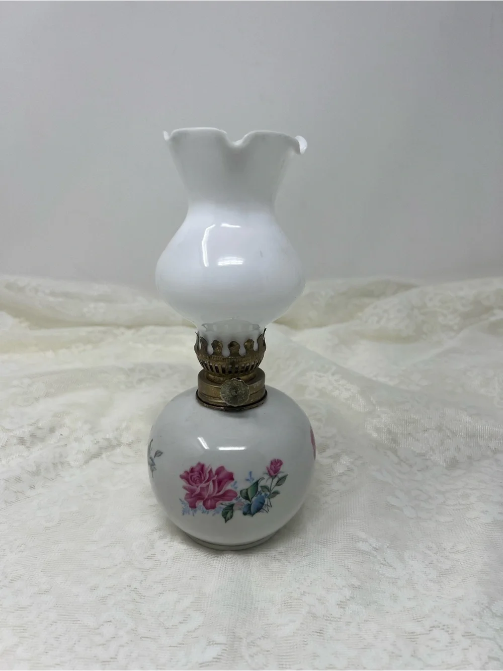 Vintage Milk Glass Mini Oil Lamp with Pink Rose Accent